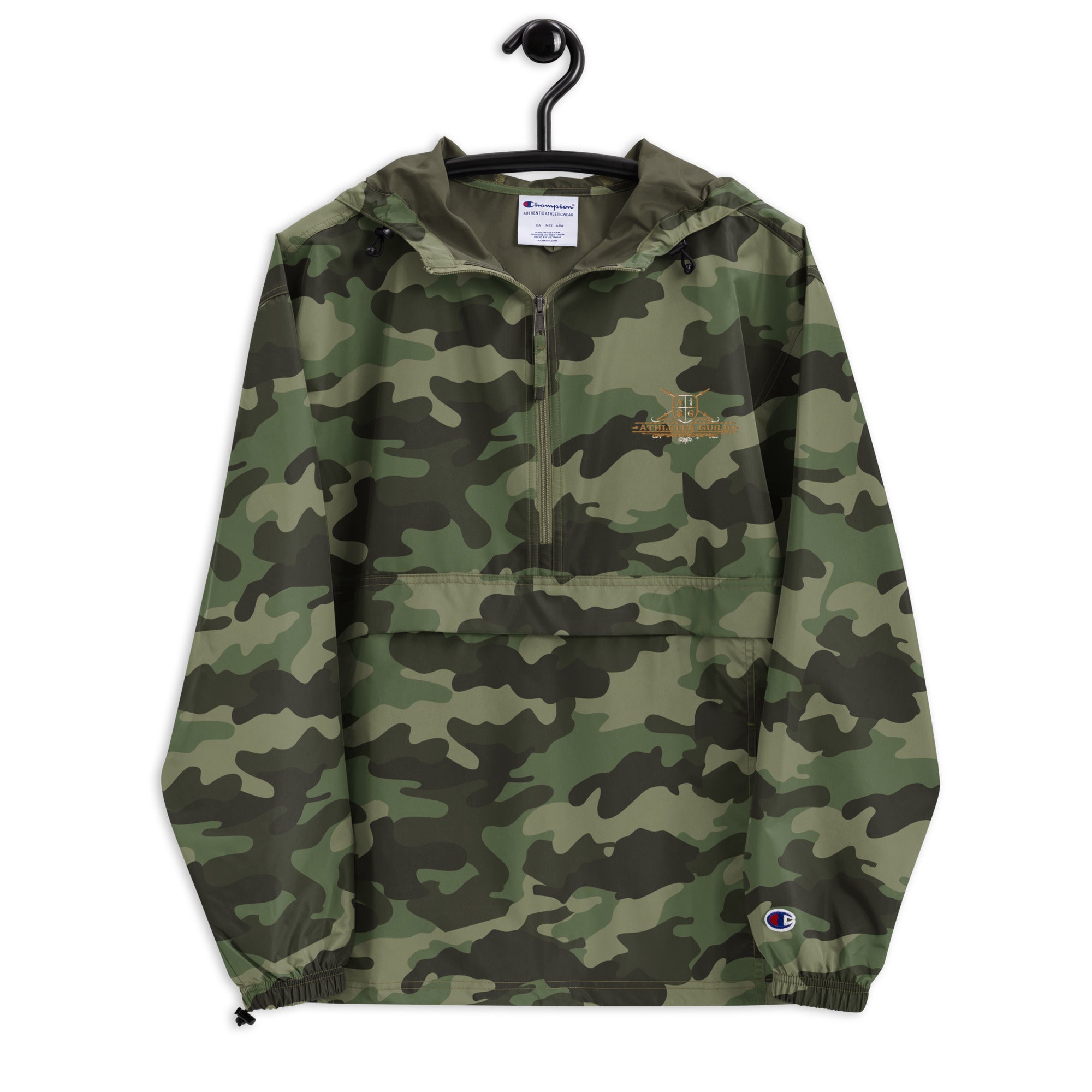 embroidered champion packable jacket olive green camo front