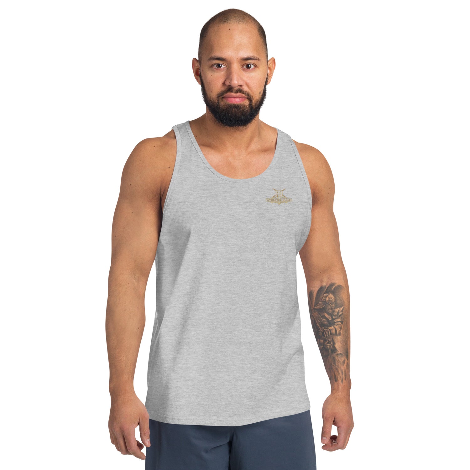 mens staple tank top athletic heather front
