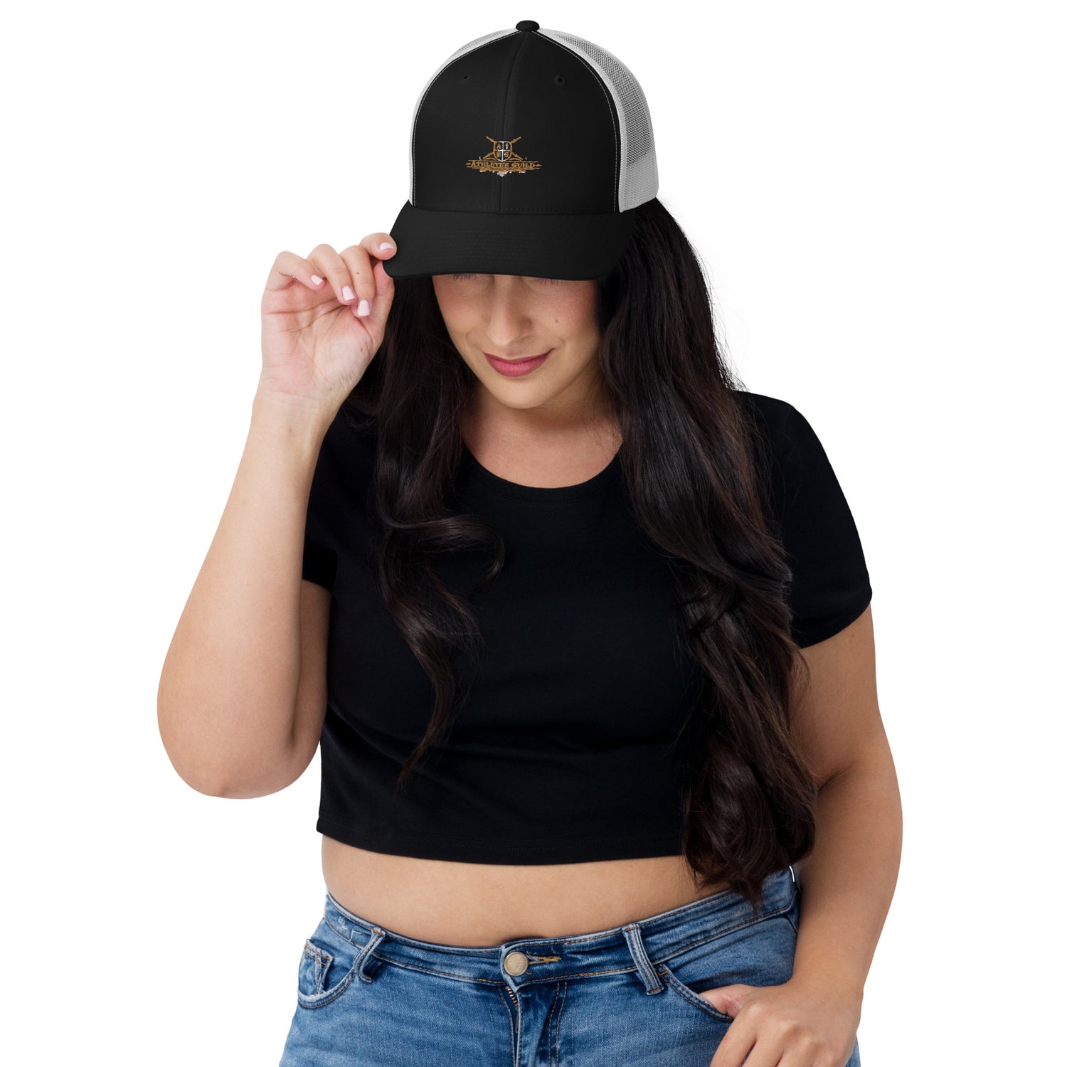 retro trucker hat black white front