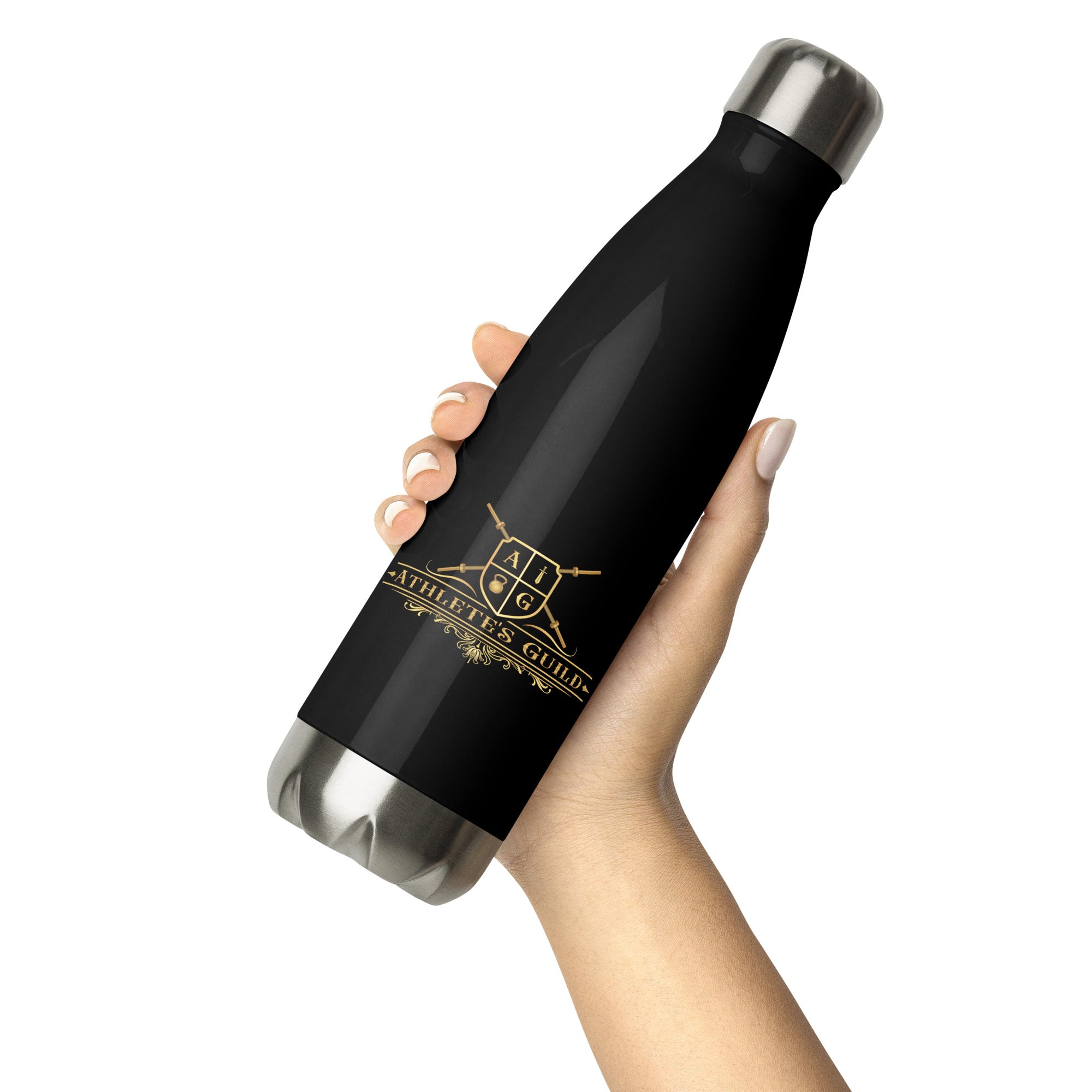 black stainless steel water bottle tilt view