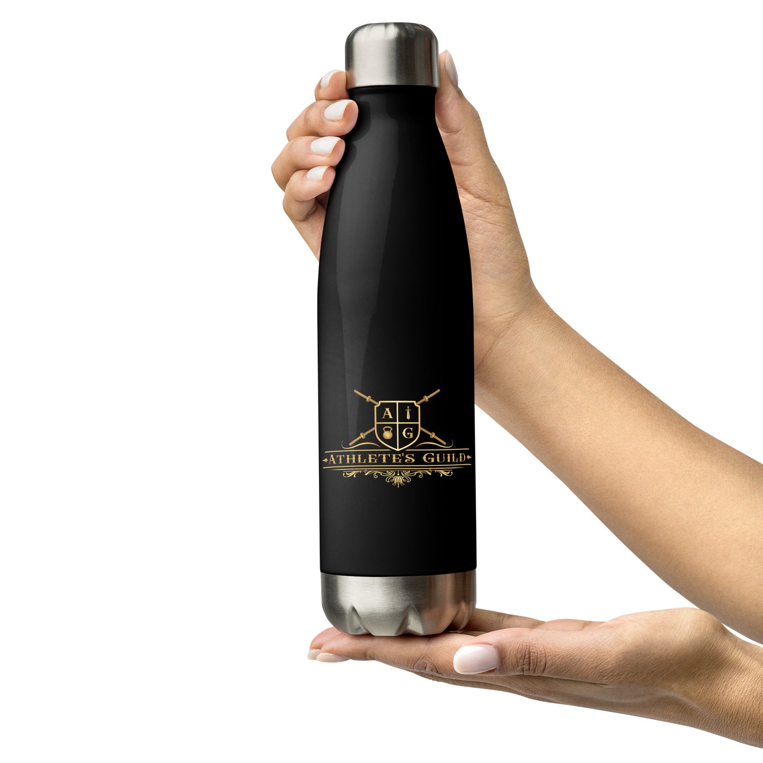 black stainless steel water bottle front logo view