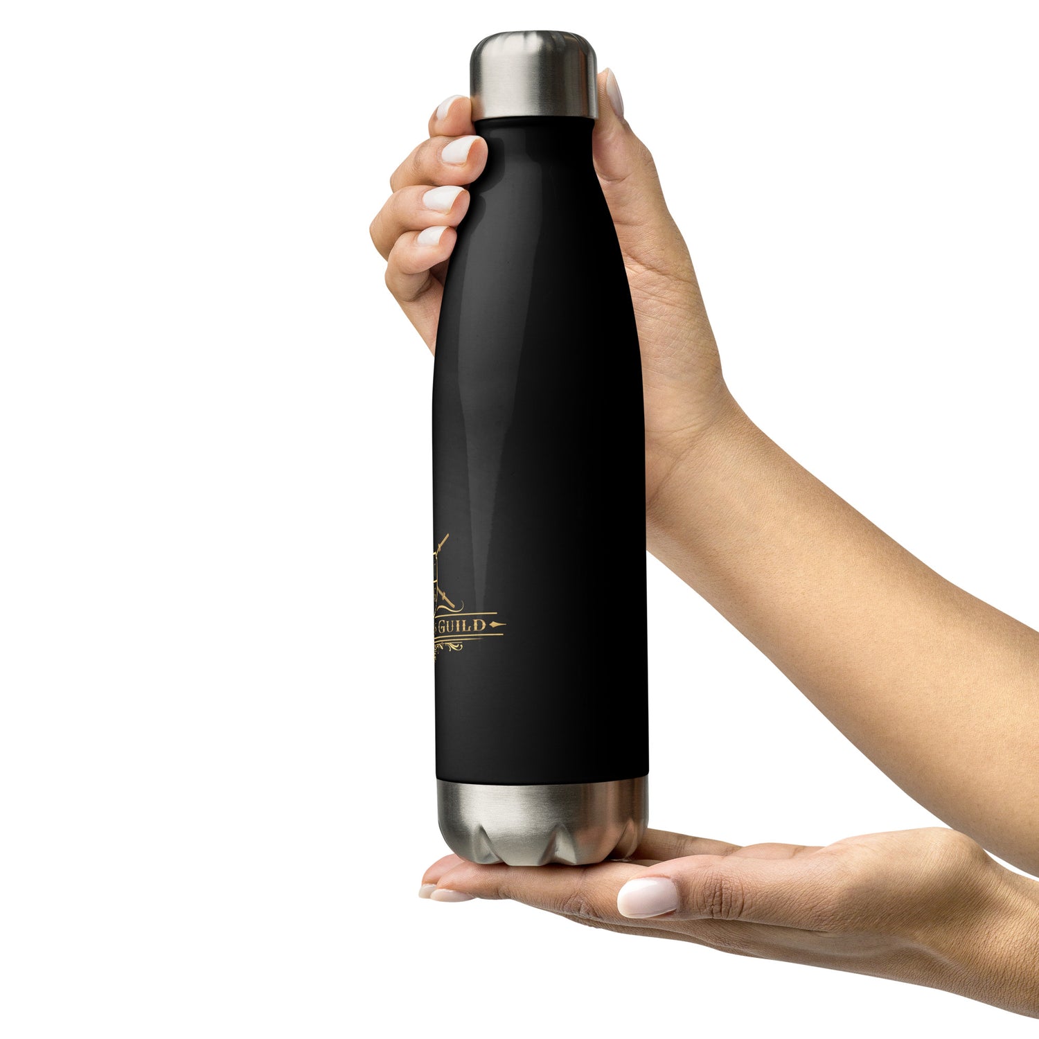 black stainless steel water bottle side logo view