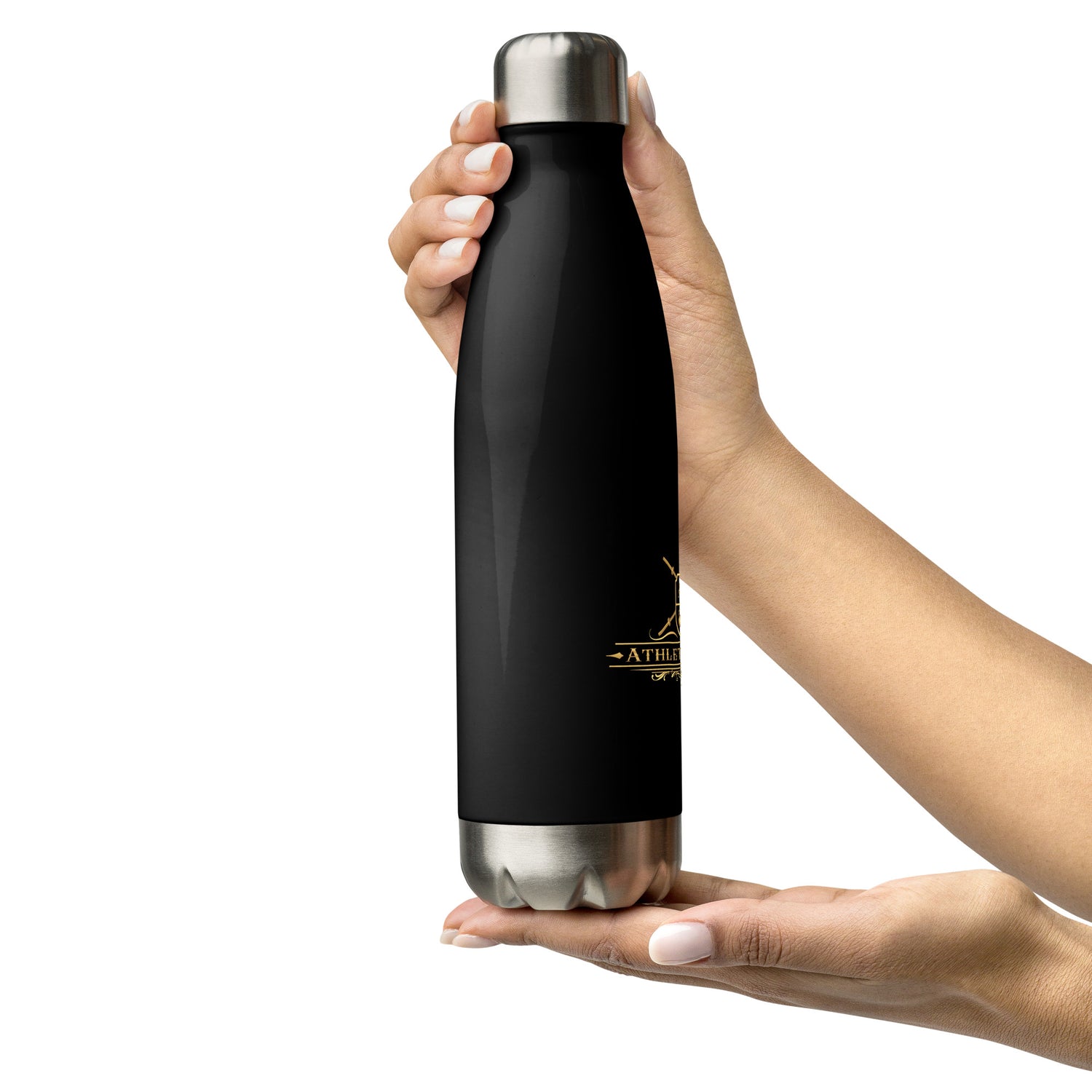 black stainless steel water bottle right side logo view