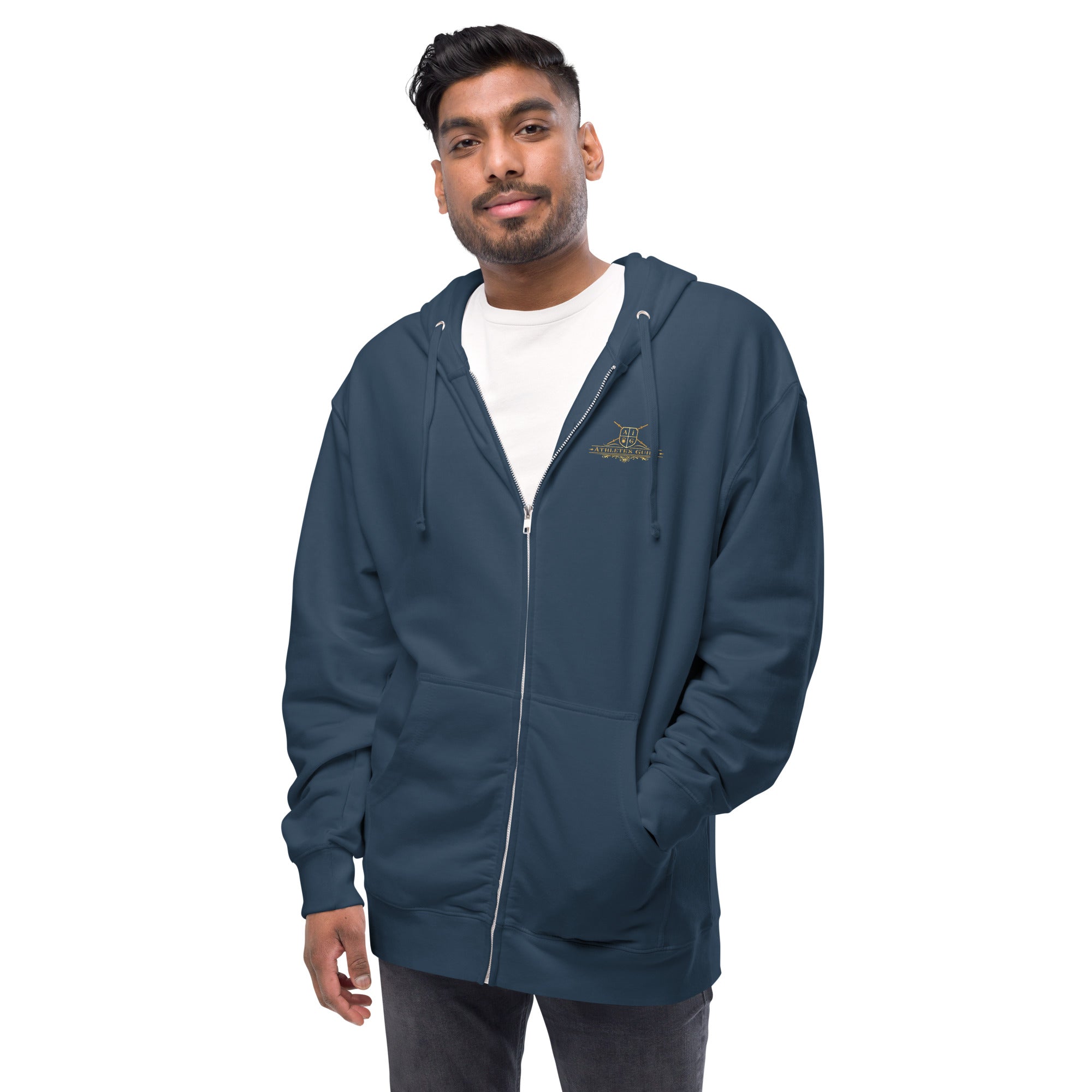 unisex fleece zip up hoodie navy front
