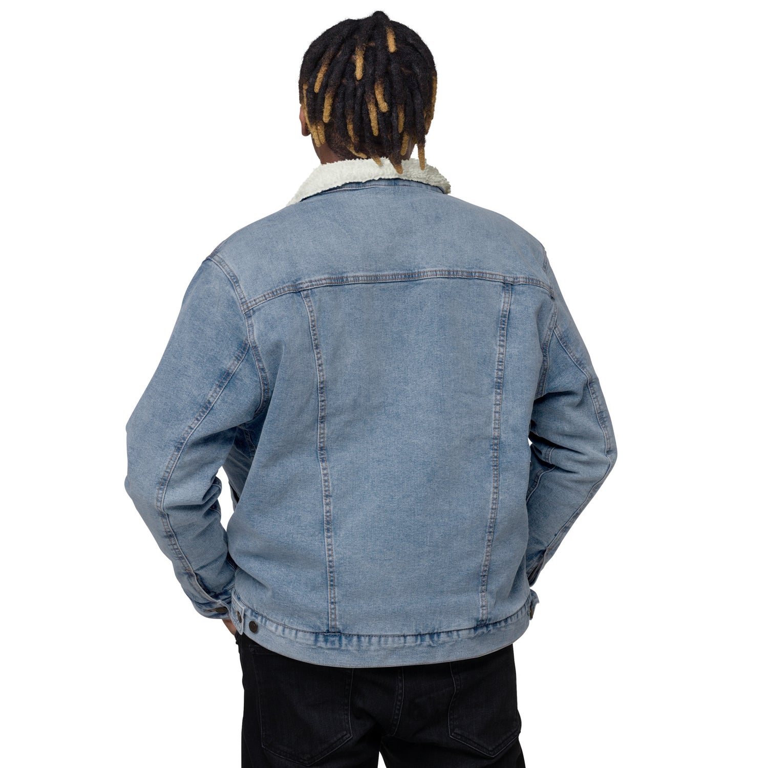 unisex sherpa denim jacket light denim back