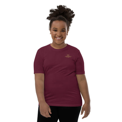 youth staple tee maroon front